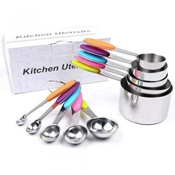 Vicloon 10pcs Tazas y Cucharas Medidoras, 5 Acero Inoxidable Medido Tazas y 5 Acero Inoxidable Cuchara Medidoras, con Manilla de Silicona Antideslizante Utensilios para Ingredientes líquidos y Seco