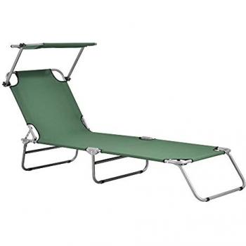 Tumbona Plegable Argozelo con Toldo Regulable 186 x 55 x 24 cm Plata Mate Verde Oscuro Soporta hasta 110 kg Reclinable para Jardín y Playa