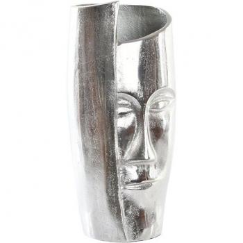 Jarrón de Aluminio Plateado Moderno con Diseño Facial de 15x13x31 cm