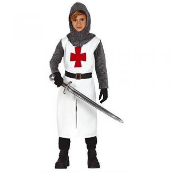 Disfraz Infantil de Templario Medieval Blanco y Gris - Incluye Capucha, Casaca, Cinturón y Pantalón - Ideal para Halloween, Carnaval y Fiestas (Tamaño: 5-6 años)