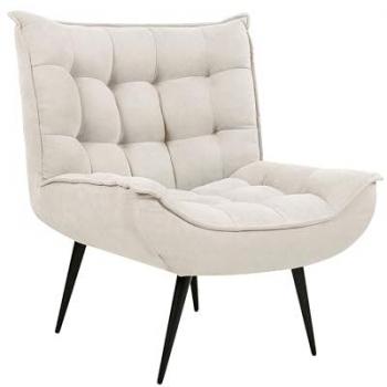 Sillón moderno de poliéster beige claro sin reposabrazos con detalles trapuntados y patas de metal negro Alvesta