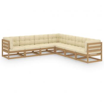 Set de muebles de jardín 7 piezas con cojines en madera de pino color marrón miel