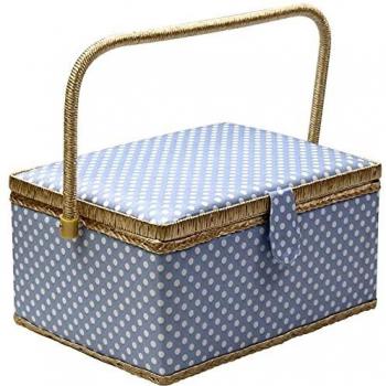 Caja de costura con accesorios para kit de costura, organizador de cesta de costura de madera D&D con accesorios para el hogar, viajes, lunares azules, grande Large L - BLUE