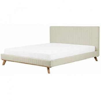 Cama tapizada en chenilla beige 180 x 200 cm con cabecero acolchado y patas de madera Talence