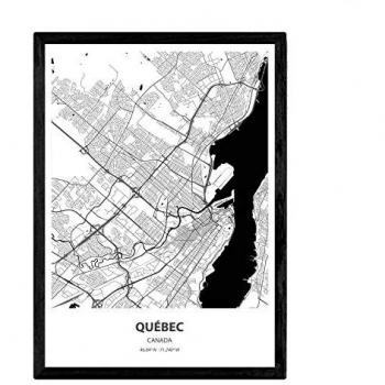 Póster A3 de Mapa de Quebec, Canadá - Lámina en Color Negro con Ciudades, Mares y Ríos (Sin Marco)