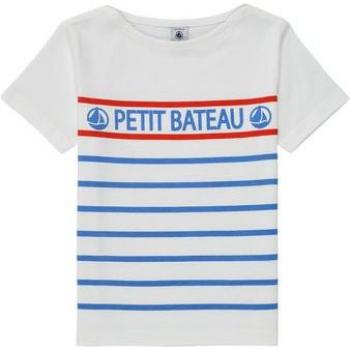 Camiseta de manga corta de algodón para niño Petit Bateau azul claro a rayas