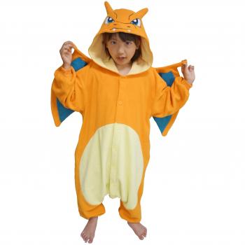 Pokémon Charizard Kids Kigurumi - A cozy, one-piece pajama suit designed for children, featuring an adorable Charizard design with a hood that has eyes and wings. Made from soft, comfortable fabric suitable for lounging or sleepwear. Available