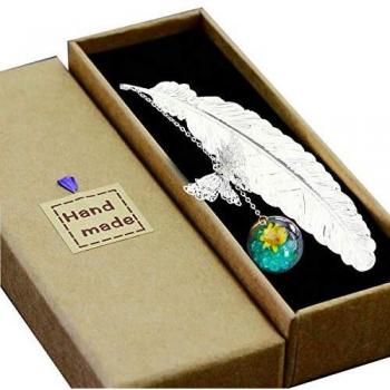 Toirxarn Marcapáginas de plumas de metal, con mariposa 3D y perlas de vidrio Colgante de flor seca eterna. Regalo ideal para lectores, mujeres y niños.