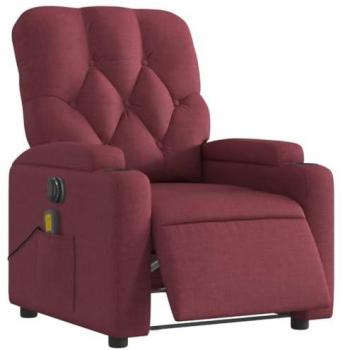 Sillón de masaje reclinable eléctrico en tela rojo tinto con respaldo ajustable y reposabrazos, ideal para relajación y descanso