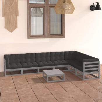 Juego de muebles de jardín 8 piezas con cojines de madera de pino gris