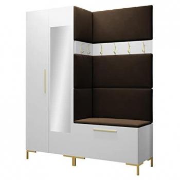 Conjunto de recibidor Hartford F107 con espejo y panel de pared, aglomerado laminado, 158 x 196 x 46 cm, blanco y marrón oscuro