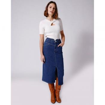 Garcia Naf Naf Women's Long Blue Denim Midi Skirt with Classic Straight Cut and Slit