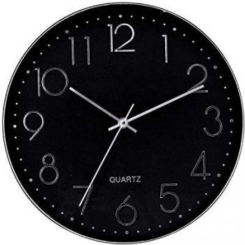 Reloj de Pared Moderno en Relieve Ø30cm con Esfera Negra, Movimiento Silencioso y Números en Relieve para Hogar y Oficina