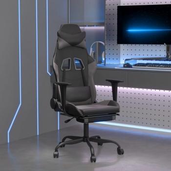 Silla de juego con masaje y reposapiés en cuero sintético negro y gris