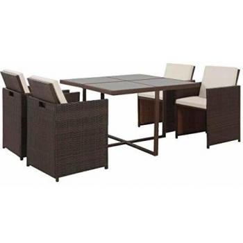 5-Piece Brown Poly Rattan Outdoor Dining Set with Cushions