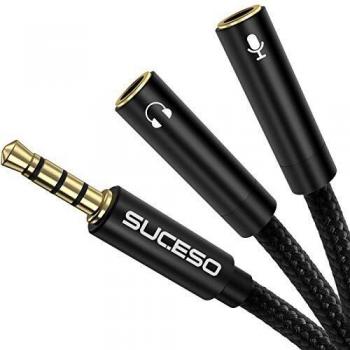 SUCESO Adaptador Jack Micro y Auriculares 1M Cable Splitter Divisor Micrófono y Audio Cable Divisor de Audio micrófono 3.5mm Macho a 2 Hembra para PS4,Xbox One,Laptop,Teléfonos,Headset,PC y MP3-Negro