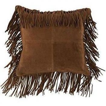 Cojín de Cuero con Flecos 45cm Color Cognac