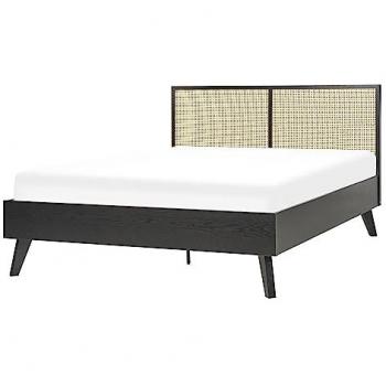 Cama Matrimonial 140 x 200 cm con Somier y Cabecero de Ratan Negro, Estilo Minimalista Boho