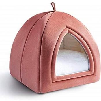 Bedsure Cama Gato Cueva Suave - Casa Gato Mediano Lavable con Cojín Desenfundable y Extraíble, Camas para Perros Pequeños 35x35x38cm, Rosa
