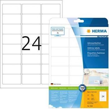 Etiquetas Universales Premium HERMA 4500, 63,5 x 33,9 mm, blancas, para C6-Kuverts, paquete de 600 etiquetas en 25 hojas