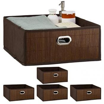 Cestos de Almacenaje Plegables de Bambú - Set de 5, Cuadrados para Baño, 14 x 31 x 31 cm, Color Marrón