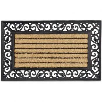 Felpudo Rectangular Antideslizante de Coco y Caucho con Rayas y Patrón Floral, 75x45 cm, Resistente a la Intemperie para Uso Exterior