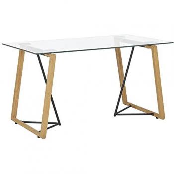 Mesa de Comedor Rectangular Transparente 140 x 80 cm con Tapa de Cristal Templado y Base de Metal Efecto Madera Clara Tacoma