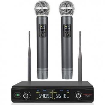Micrófono inalámbrico profesional UHF de doble canal con 30 frecuencias ajustables, alcance de 61m (200ft), construcción metálica, ideal para karaoke en casa, bodas, DJ y eventos religiosos