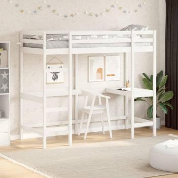 Cama loft con escritorio de pino macizo blanca 80x200 cm