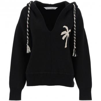 Palm Angels V-neck Knitted Hoodie - XS Black with Lurex Palm Motif