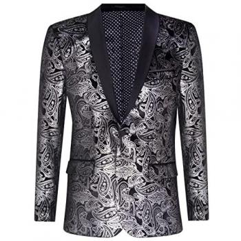 Classic Black Velvet Tuxedo Blazer with Silver Paisley Pattern for Men - Size 38