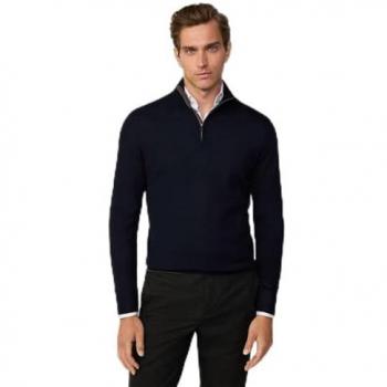 Jersey de hombre Hackett de lana merino y seda, cuello alto con cierre de media cremallera, azul medianoche (Tamaño M)
