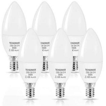TECHGOMADE E14 LED Bombilla de vela 5W, 40W Equivalente, 3000K blanco cálido Escarchado Candelabro E14 Bulbs, No regulable, 500Lm, Pequeño tornillo de Edison bombilla de vela, 6 Paquetes