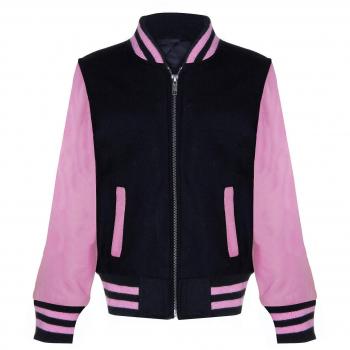 Infinity Leather Kids Black & Pink Bomber Jacket with Real Leather Sleeves (Ages 3-13) - Size 12-13 Years