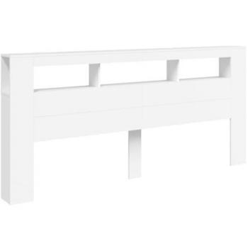 Cabecero con LED de madera de ingeniería blanco, dimensiones 220x18,5x103,5 cm, incluye almacenamiento y estantes para dormitorio