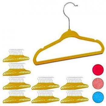Set de 80 perchas infantiles antideslizantes con terciopelo, ganchos giratorios 360°, color amarillo