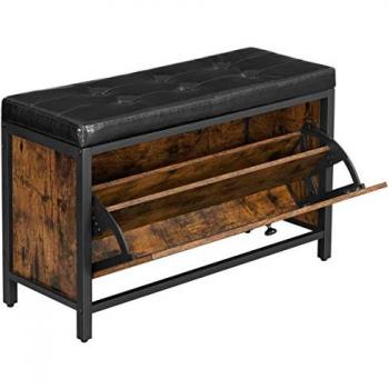 Banco Zapatero Industrial VASAGLE con Cajón, Asiento Tapizado Acolchado, Capacidad para 6 Pares de Zapatos, Baúl de Almacenaje, Estructura de Acero en Marrón Rústico