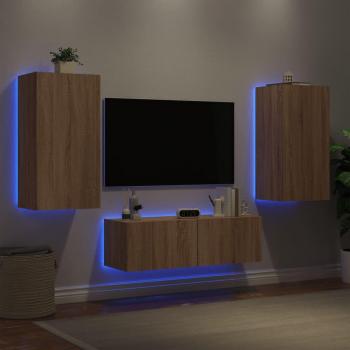 Muebles de pared para TV de 3 piezas con luces LED en roble Sonoma
