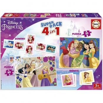 Educa Superpack 4 en 1 Disney Princess - Incluye Dominó, Identic con 28 Cartas y 2 Puzzles de 25 y 50 Piezas