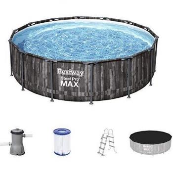 Piscina Desmontable Tubular Bestway Steel Pro Max Diseño Madera 427x107 cm con Depuradora Cartucho 3.028 L/H, Cobertor y Escalera
