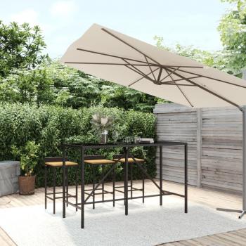 Mesa alta de bar de ratán PE con superficie de vidrio negro 180x70x110 cm