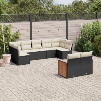 9-Piece Black Poly Rattan Garden Sofa Set with Cushions