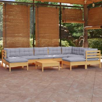 10-Piece Solid Pine Garden Lounge Set with Grey Cushions