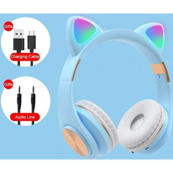 Auriculares Inalámbricos Bluetooth con Micrófono y Luz Flash RGB, Reducción de Ruido, Diseño de Orejas de Gato para Niños