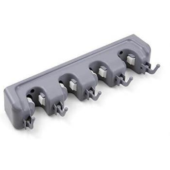 Colgador de Escobas y Fregonas con 4 Huecos y 5 Ganchos - Plástico Gris