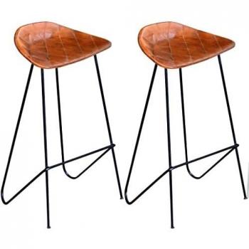 vidaXL 2x Taburete de Bar de Cuero Auténtico Marrón Patas de Hierro Silla Alta