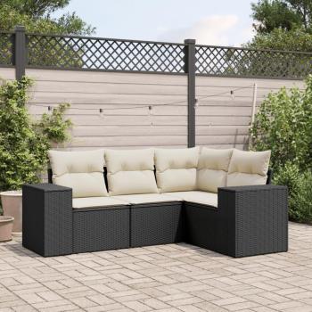4-Piece Black Poly Rattan Garden Sofa Set with Cushions