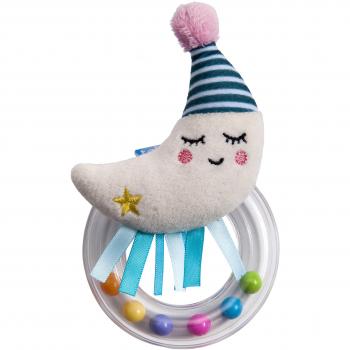 Sonajero Mini Luna 13 cm azul/blanco con anillo sensorial suave y cintas, apto para bebés desde el nacimiento