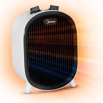 Calefactor Eléctrico MIDEA de Bajo Consumo 2000W con Aire Frío, 2 Niveles de Potencia, Termostato Regulable y Protección contra Sobrecalentamiento - Blanco