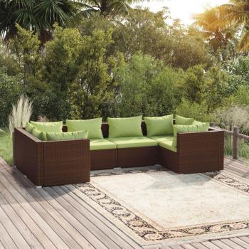 6-Piece Brown Poly Rattan Garden Lounge Set with Cushions